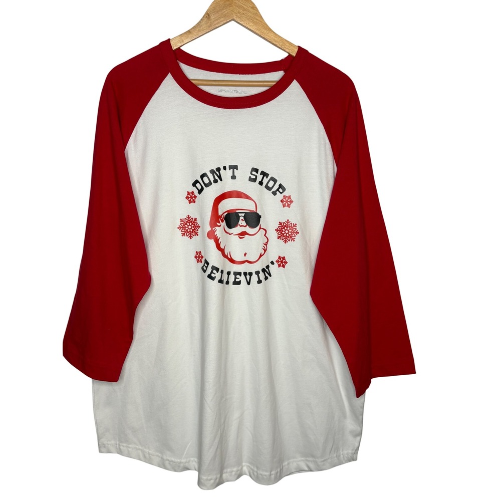 Christmas Tee Santa Claus Don't Stop Believin'‎ Baseball Shirt XL Red White